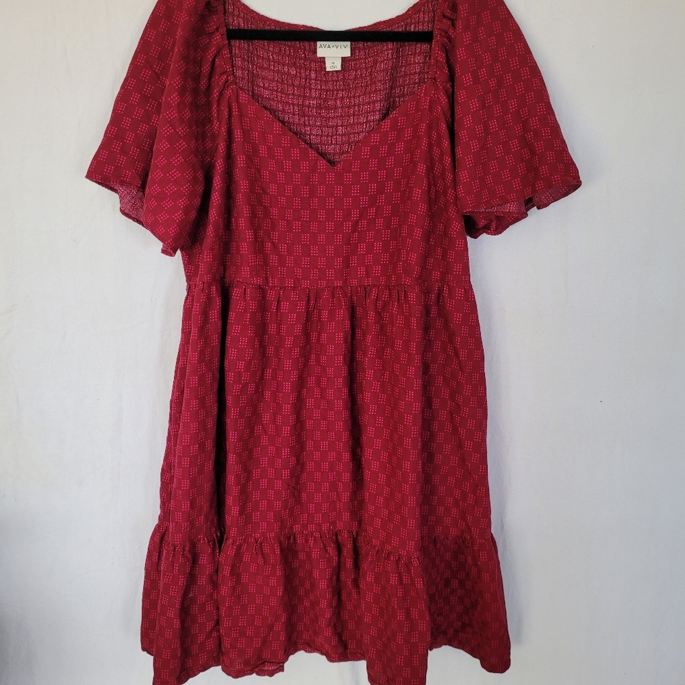 AVA VIV Dress Size 1X Burgandy Tiered Cotton Smocking Casual Summer  Cottagecore